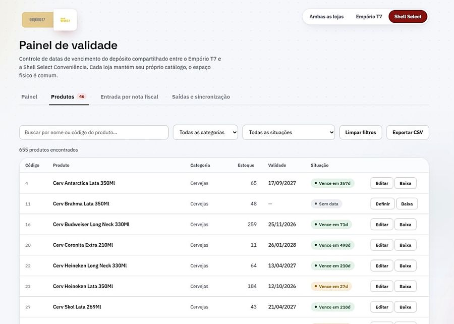 Lista de produtos — outra loja, com itens sem data